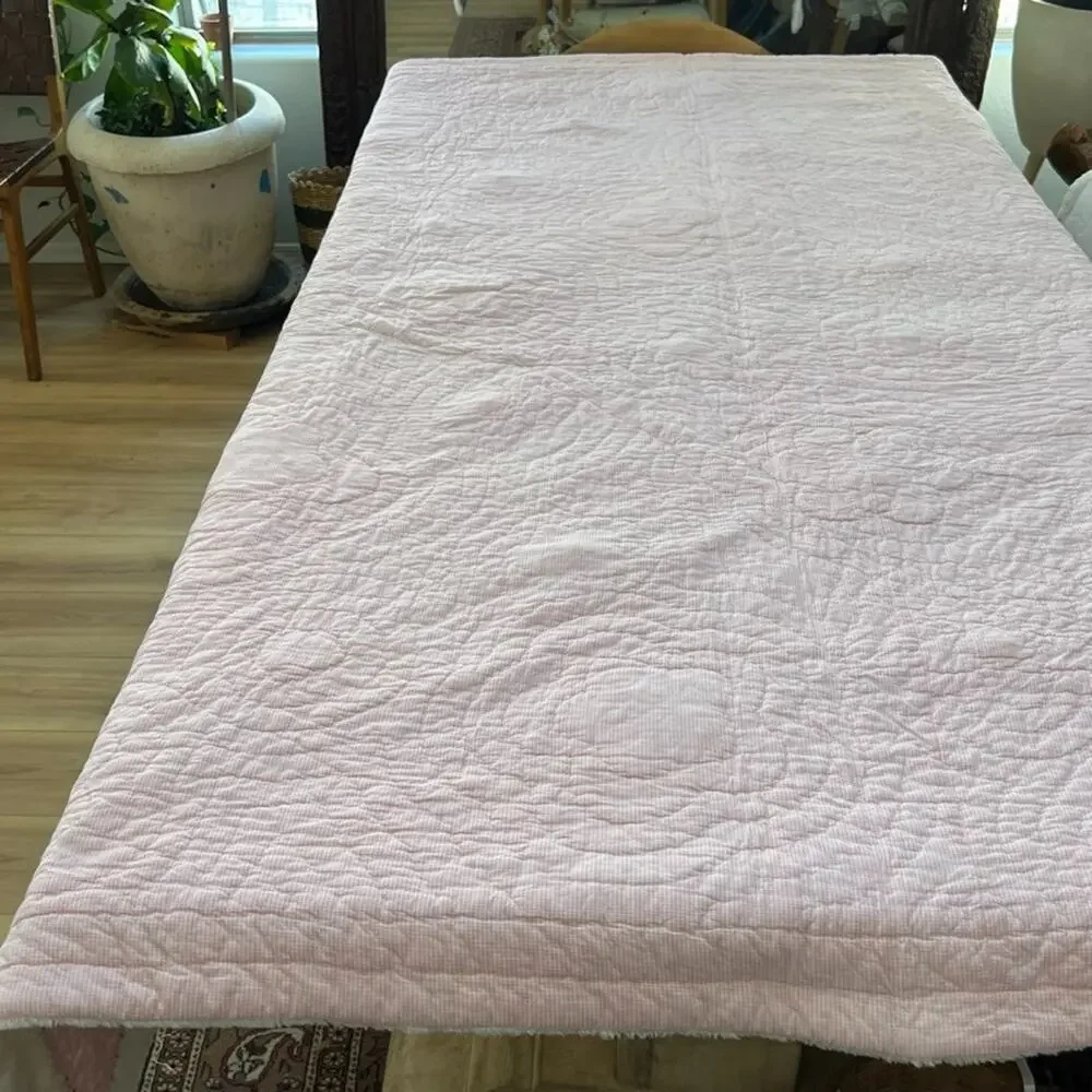 Pottery Barn Kids Quilt Blanket Pink White Flower Patch Fur Trim 86.5